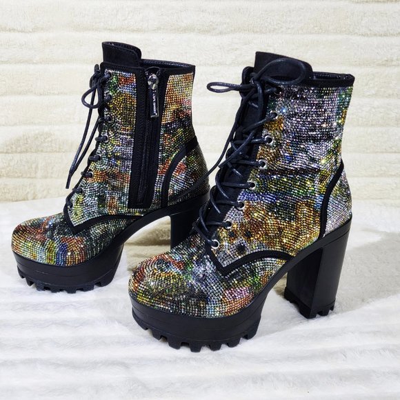 New Story Multi Sparkle Rhinestone Mag Lug Sole Chunky High Heel Ankle Boots - Picture 1 of 10